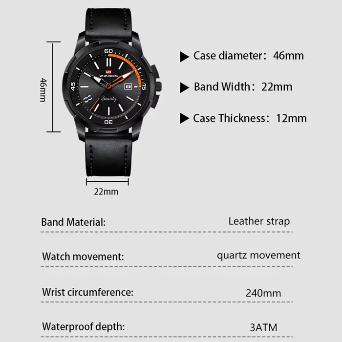 VA VA VOOM montre militaire en cuir noir avec grand cadran 46 mm mouvement à quartz style d'affaires