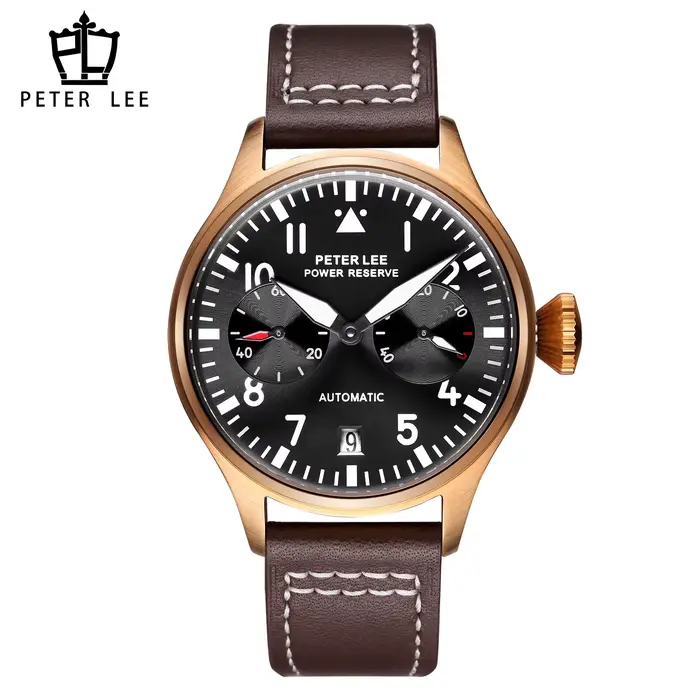 Marque de luxe PETER LEE mouvement automatique mécanique pilote montres pour homme élégant lumineux aviateur cuir mâle cadeaux montre