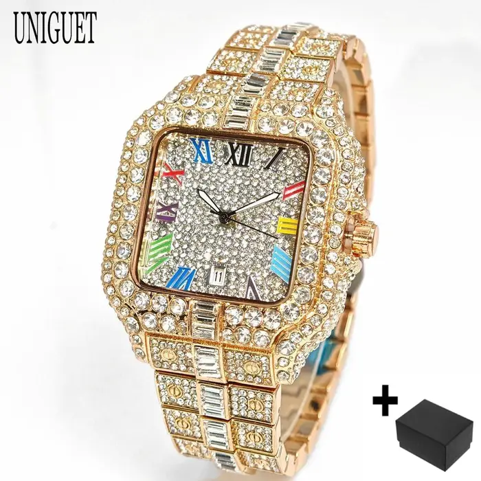 UNIGUET montre de mode pour hommes de luxe Rose carré glacé