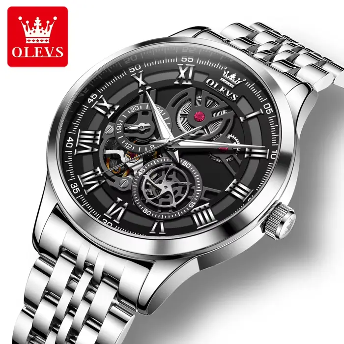 OLEVS squelette montre mécanique hommes étanche en acier inoxydable haut de gamme