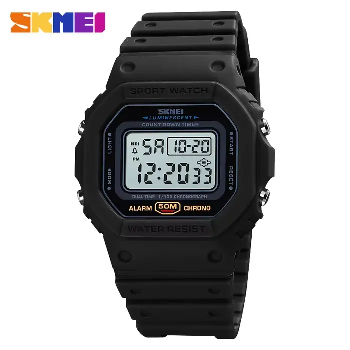 Montre numérique SKMEI 1628 pour hommes, affichage LED, résistance à l'eau, chronomètre, multifonctionnelle pour activités sportives et tenues quotidiennes