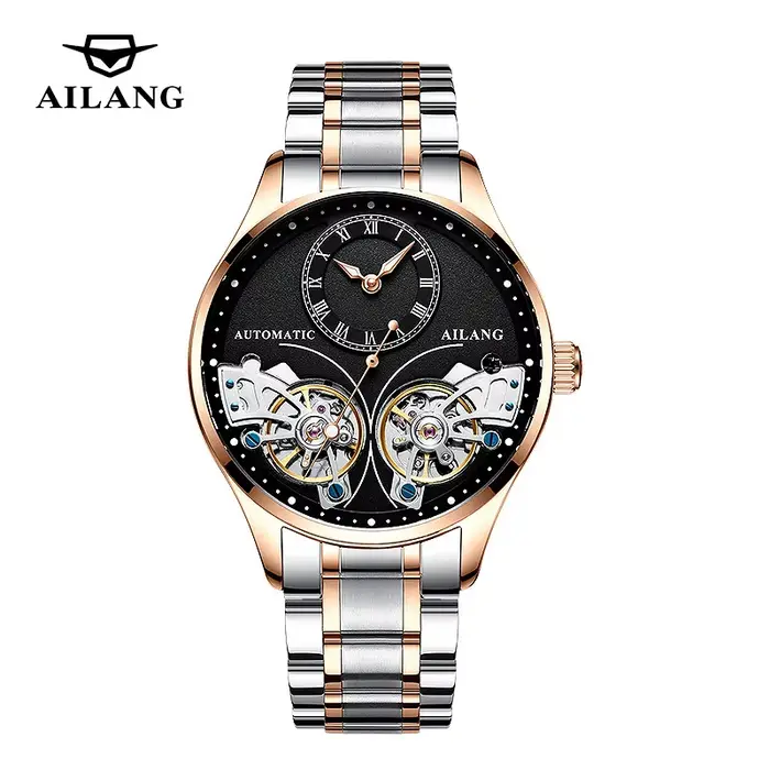 AILANG flambant neuf mode Double Tourbillon montre pour hommes de luxe en acier inoxydable étanche a