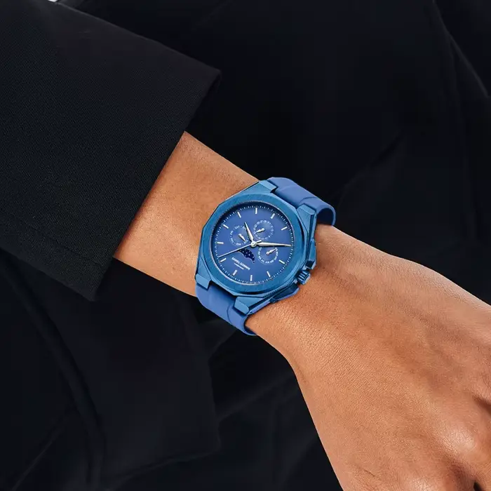 Montre Moonphase pour Hommes Montre-bracelet à Quartz Boîtier Acier Inoxydable Bracelet Silicone Occasions Spéciales Élégante Pour Hommes