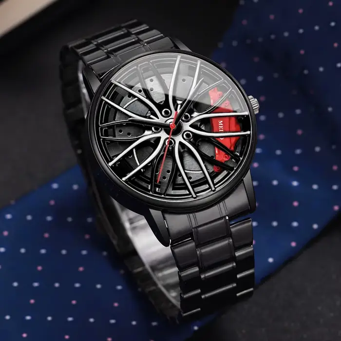 Mode hommes montres de sport 3d roue de voiture bracelet en acier inoxydable montre-bracelet hommes