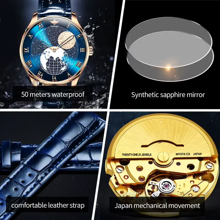 Montre mécanique de luxe OUPINKE avec cadran rotatif 3D Earth Starry Star résistante à l'eau pour homme occasions spéciales romantique et robuste