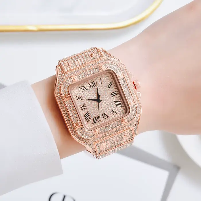 Montre à Quartz Carrée en Diamant Luxe Bracelet Acier Inoxydable Clouté Strass Pour Hommes Femmes Occasions Spéciales