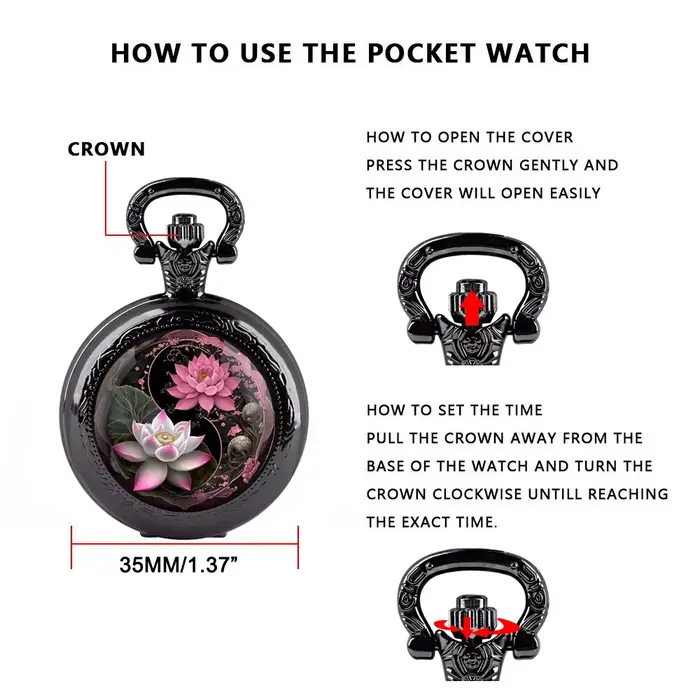Yin-Yang Lotus Design – montre de poche à Quartz noir
