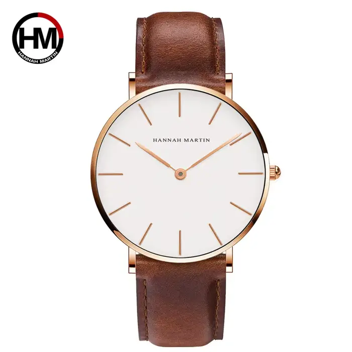 Hannah Martin marque mode japon montres à Quartz argent marron cuir hommes montre étanche robe