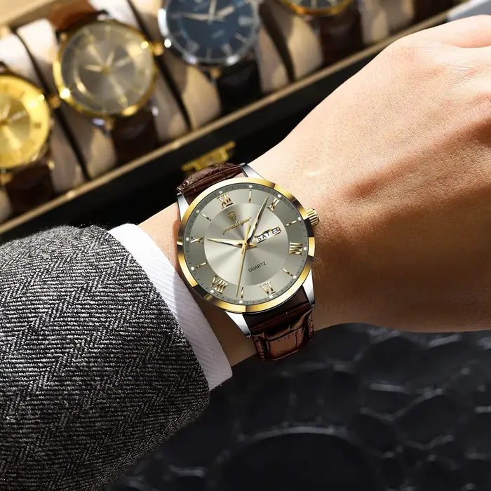 POEDAGAR Original montre de mode pour homme en cuir Date semaine Quartz hommes montre étanche lumine