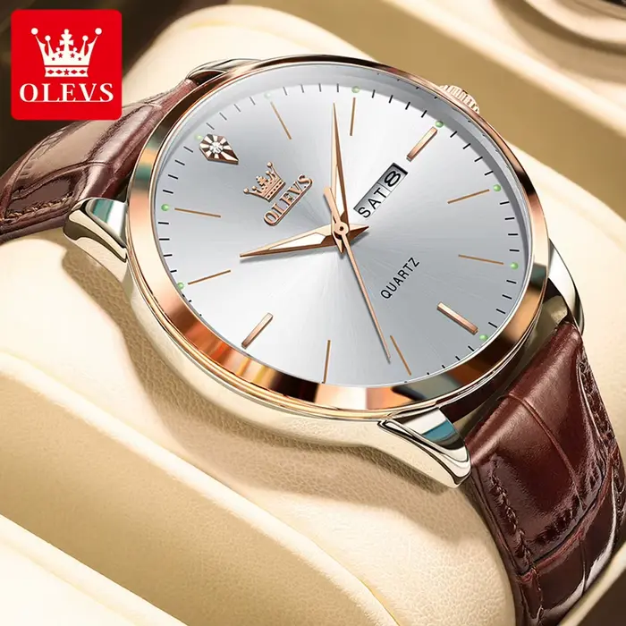 Montre pour homme OLEVS 2935, marque de mode et de luxe, bracelet en cuir, tendance, calendrier hebd