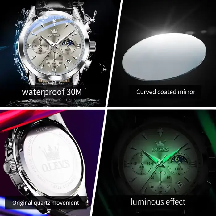 OLEVS 3609 Original Phase de lune chronographe montre pour hommes en cuir étanche lumineux luxe Quartz