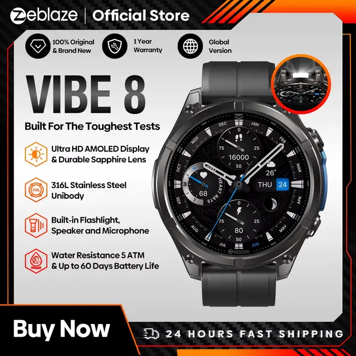 Nouveau 2025 Zeblaze VIBE 8 appels vocaux 1.43 "AMOLED affichage montre intelligente lampe de poche intégrée fréquence