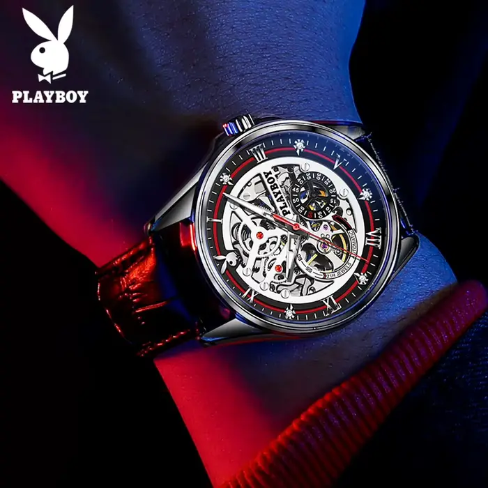 Montre de luxe masculine Playboy 3032 automatique squelette acier inoxydable résistante à l'eau pour hommes affaires décontractées occasions spéciales