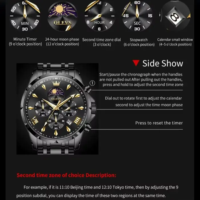 Montre homme OLEVS à Quartz avec affichage lunaire, résistance à l'eau et design élégant pour toutes occasions