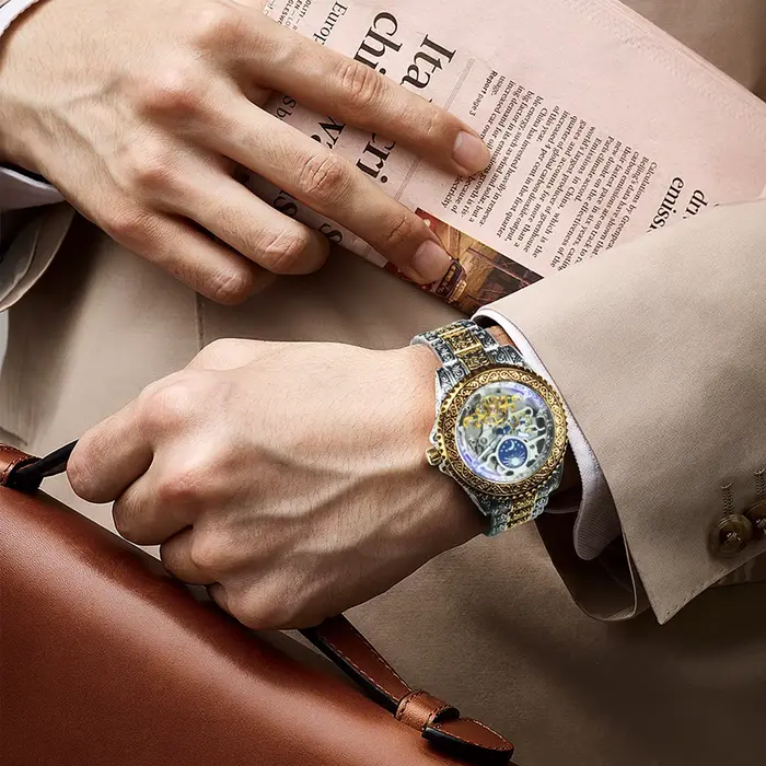 WINNER luxe Phase de lune Tourbillon squelette montres mécaniques or gravé automatique hommes montre bracelet en acier inoxydable lumineux