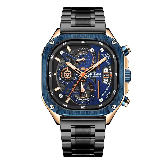 Montre à quartz noire MEGIR 2217, étanche, cadran carré, chronographe, bracelet en acier inoxydable,