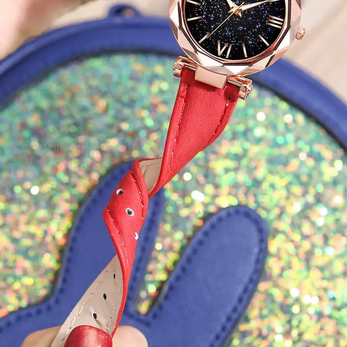 Montre lumineuse strass romantique ciel étoilé en cuir pour femmes occasions spéciales romantique glamour quartz acier bronze café multicolore rose
