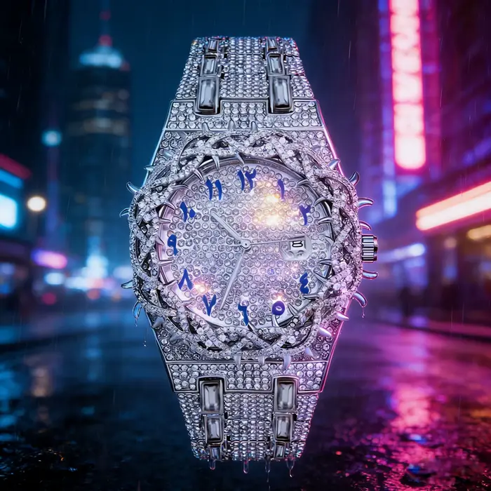 1 montre à quartz pour homme. Nouveau modèle avec bracelet entièrement serti de diamants.