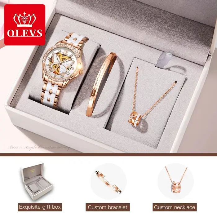 OLEVS-Montres Automatiques pour Femme, Modules Seton, Bracelet en Céramique Blanche, Diamant Papillo