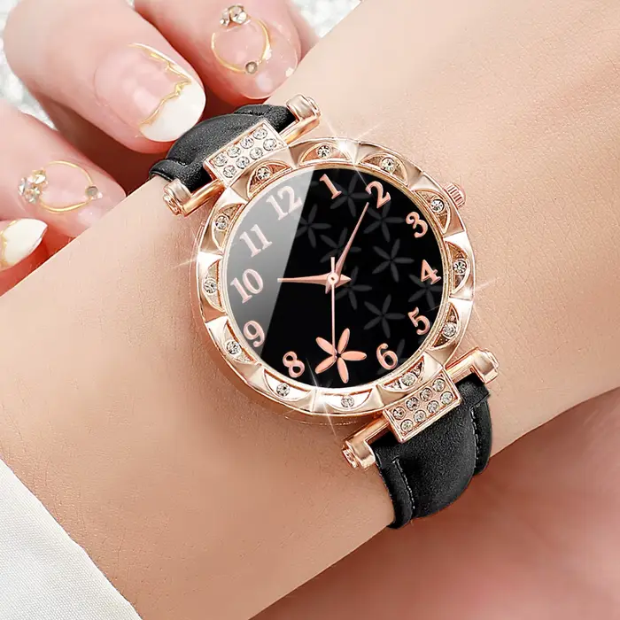 7 pièces/ensemble mode strass montre pour femme bracelet en cuir femme montres à Quartz (sans boîte)