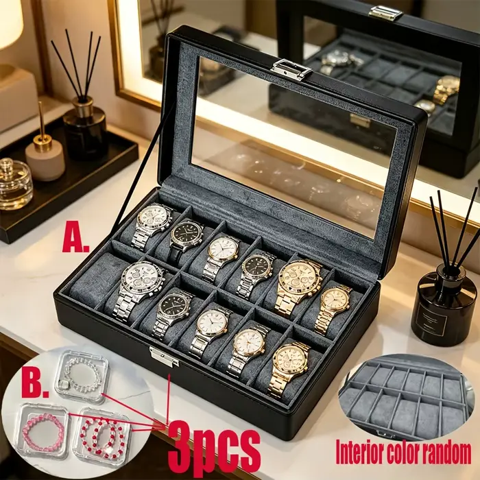 Boîte à montres en cuir pour homme à 12 emplacements avec serrure