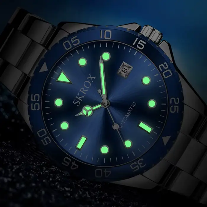 SKROX haut de gamme luxe plongeur lumineux homme montre mouvement automatique horloge mécanique montres en acier