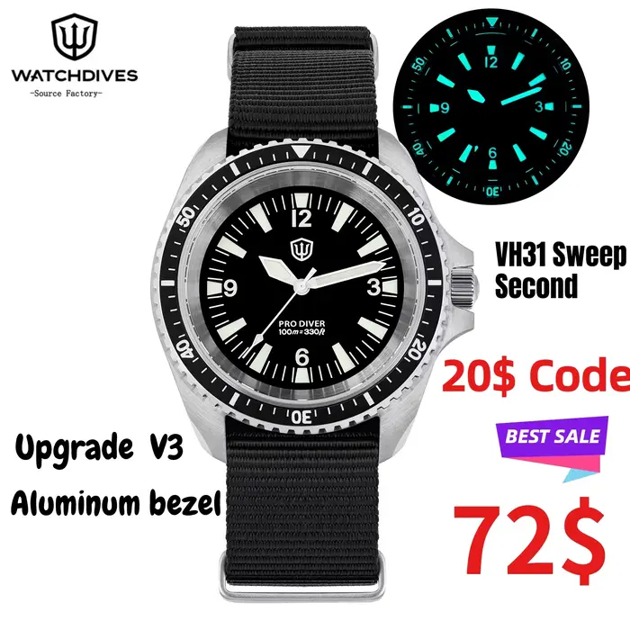 Watchdives WD1980 V3 montre de luxe VH31 balayage secondes mouvement à Quartz AR revêtement verre saphir 10Bar étanche montres pour hommes