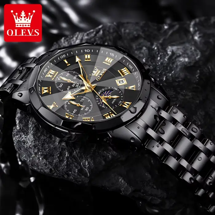 Montre Quartz Multifonctionnelle Chronographe Étanche Phase de Lune Cadeau Original Occasions Spéciales Homme