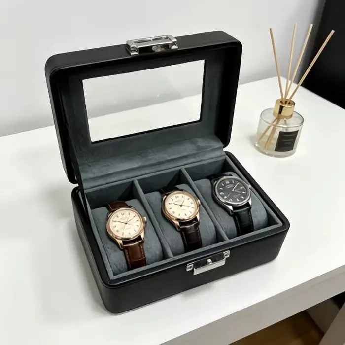 Boîte à montres en cuir pour homme à 3 emplacements avec serrure