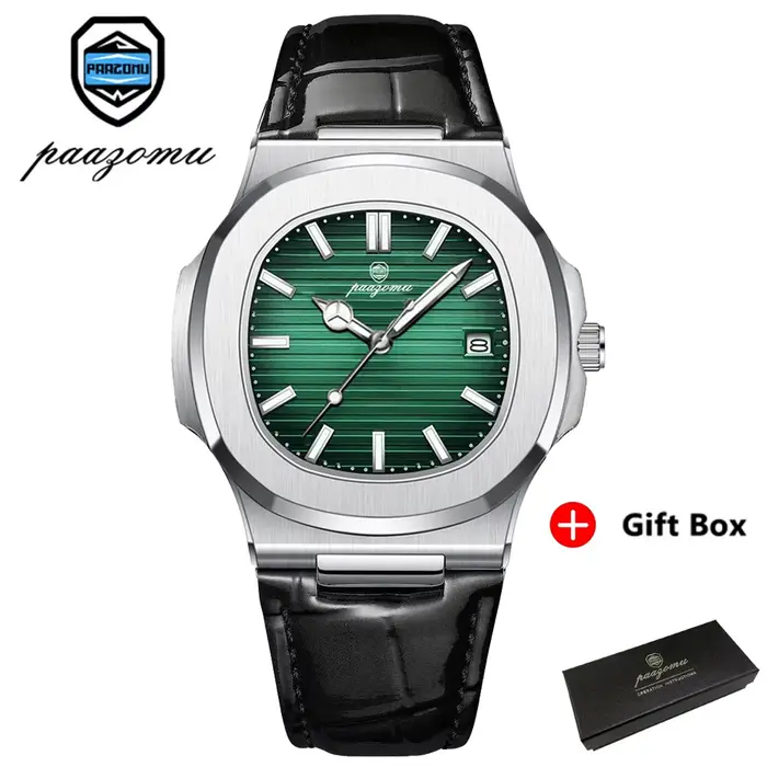 Montre carrée pour homme de la marque PAAZOMU, étanche, lumineuse, avec date, en cuir, quartz, montr