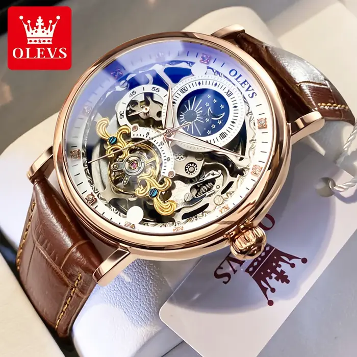 OLEVS Phase de lune montre mécanique hommes avec étanche automatique squelette hommes montres haut d