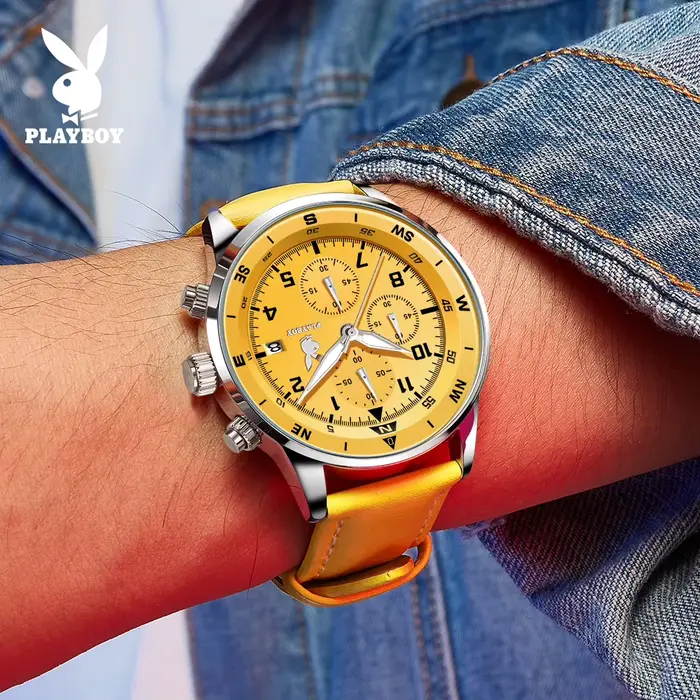 Montre PLAYBOY à Quartz Luxe Homme Bracelet Cuir Décontracté Chronographe Sport Occasions Spéciales