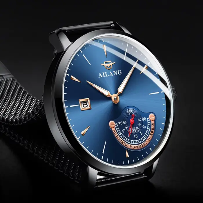 Montre mécanique AILANG en acier inoxydable avec bracelet en cuir de vachette pour hommes, résistante à l'eau, avec affichage nocturne et calendrier complet, pour tous les styles et occasions