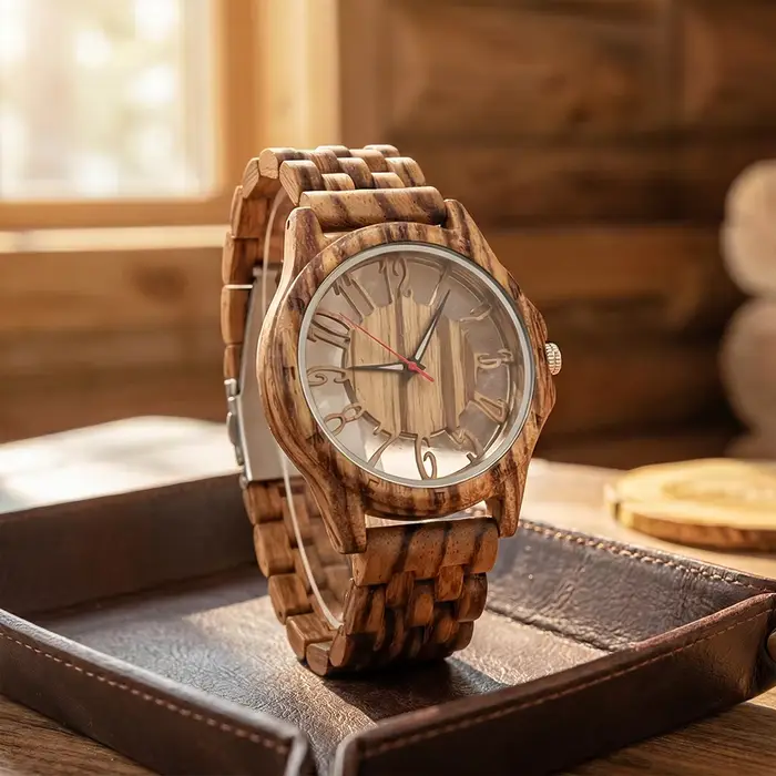 Montre en bois pour homme à grand cadran, nouveau style ajouré, montre à quartz en bois pour homme