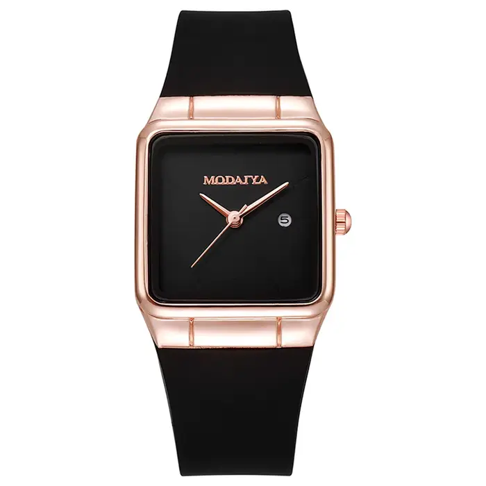 Montre carrée noire élégante pour femme avec calendrier Quartz décontracté et bracelet silicone