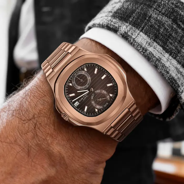 NAVIFLZ NFVZ 2025 Nouvelle Montre Classique Homme Or Rose Marron Montre à Quartz de Luxe pour Homme en Acier Inoxydable avec Verre Saphir