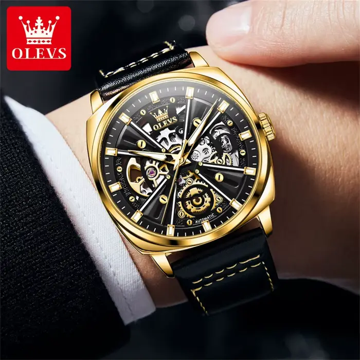 OLEVS 6685 montres pour hommes originales mode boîtier Tonneau creux bracelet en cuir série X marque de luxe montre mécanique automatique pour homme