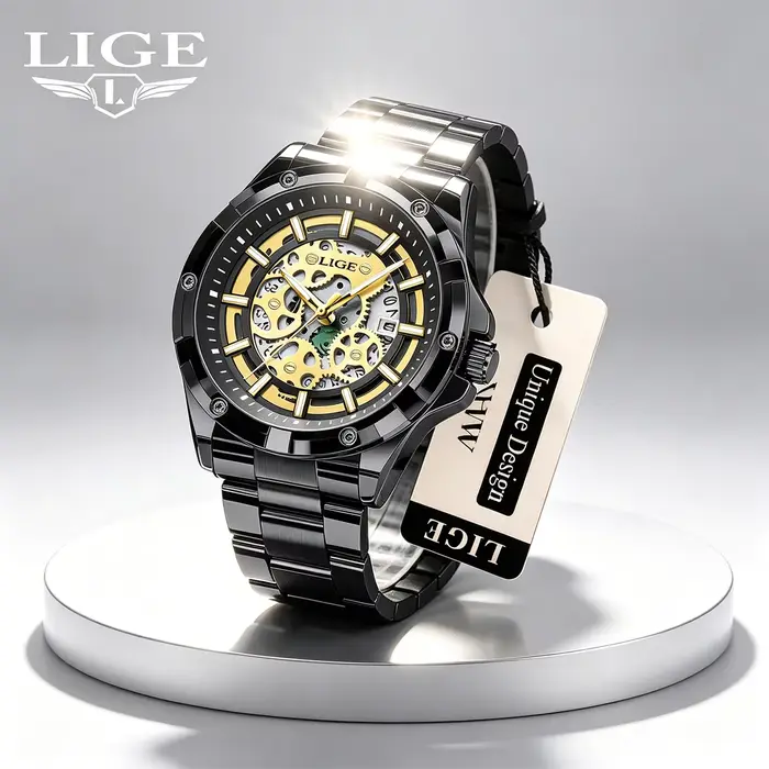 Montre Homme LIGE 2026 – Montre-Bracelet Squelette à Quartz Dorée Rétro