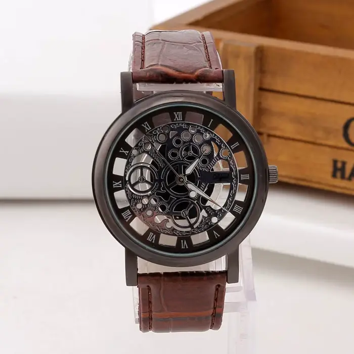 Mode squelette hommes montres Quartz Bracelet en cuir