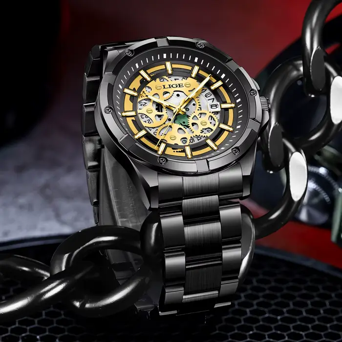 Montre Homme LIGE 2026 – Montre-Bracelet Squelette à Quartz Dorée Rétro