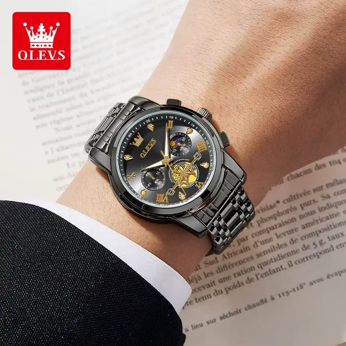 Montre homme OLEVS à quartz avec phase de lune, résistance à l'eau 30m, bracelet en acier inoxydable pour occasions spéciales et quotidiennes