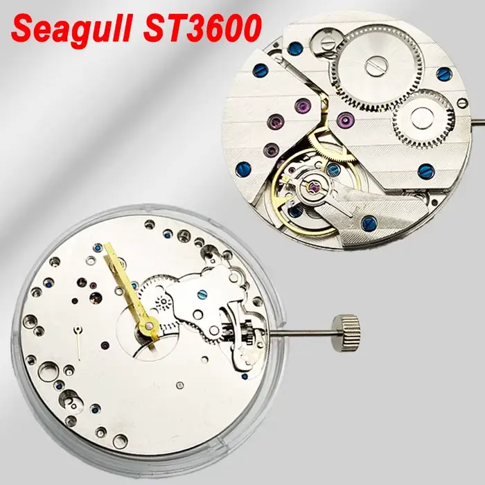 Mouvement mécanique Seagull ST3600 pour hommes avec petit deuxième mécanisme à 9 heures et boîtier de pierres précieuses rouge