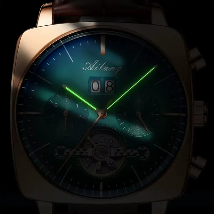 AILANG mode vert grand cadran carré montre mécanique pour hommes bracelet en cuir étanche Tourbillon montres