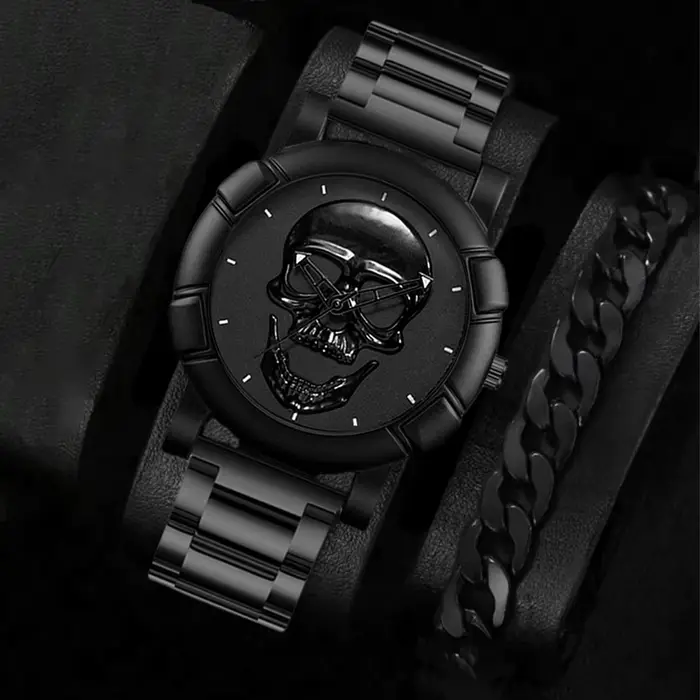 Montre à quartz pour hommes Halloween Skull Ensemble de ceinture en acier pour hommes