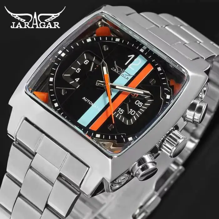 JARAGAR 569 mécanisme d'horloge hommes montre mécanique automatique rétro carré Date semaine étanche bracelet en acier loisirs montre-bracelet