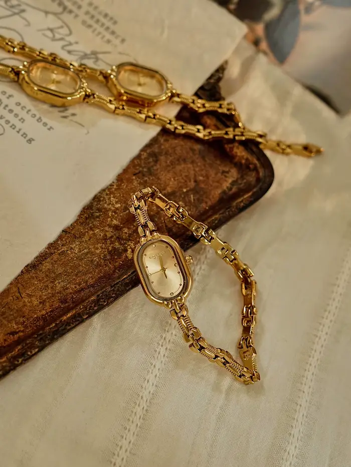 1 PC Élégance vintage française : Petite montre à quartz pour femme avec cadran doré et bracelet – Luxueuse