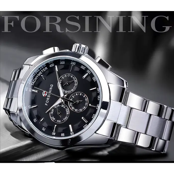 Montre Forsining Business Style automatique homme cadran noir avec calendrier complet pour hommes élégants occassions professionnelles et décontractées