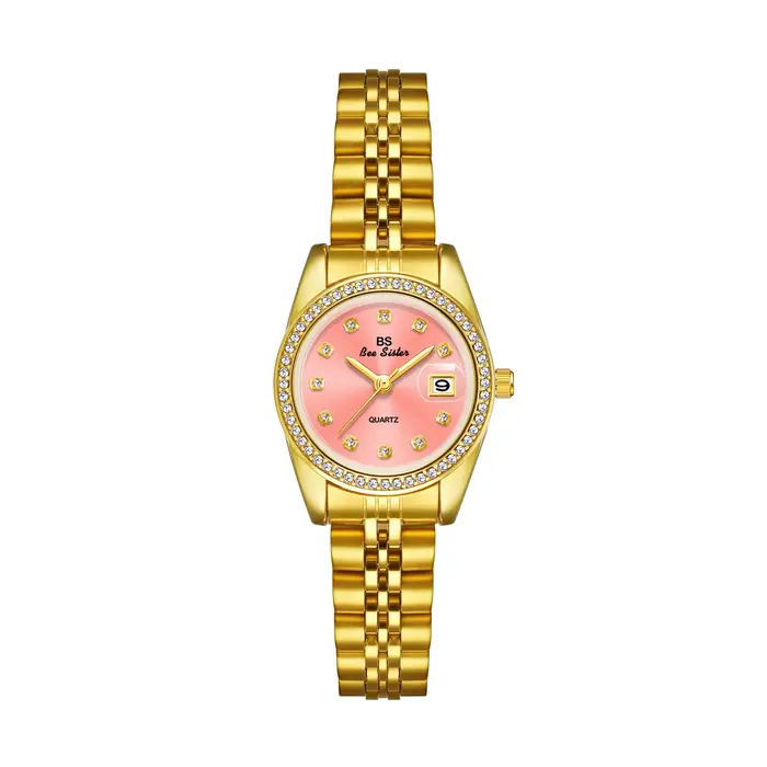 Montre à Quartz Originale en Acier Inoxydable pour Femme, Cadran Rose, Date Dorée, Horloge Vintage É