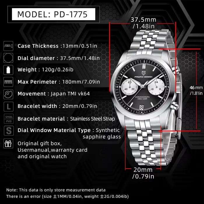Montre Pagani Design Quartz Robe Acier Inoxydable Bracelet Lumineuses Fonction Chronographe Occasions Spéciales