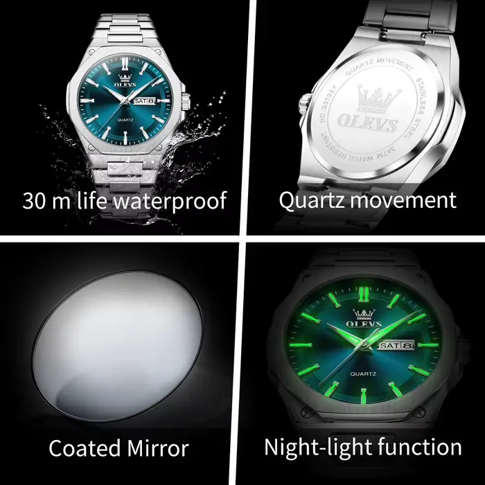 Montre à quartz OLEVS 3733 avec affichage lumineux nocturne et résistance à l'eau pour hommes occasions professionnelles et sportives